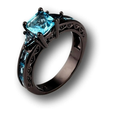 Anillo Negro Gotico Vintage Aguamarina Talla 8 | Meses sin interés