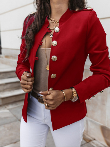 Blazer De Mujer De Color Liso Con Botón De Manga Larga