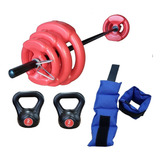 Kit Rosa Set 17 Kg Bsfit Discos Tobilleras Pesas Rusas Barra