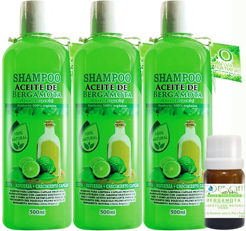 3 Shampoo Organico De Bergamota Para Crecimiento Capilar, Barba Y Bigote + 1 Aceite De Bergamota