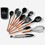 Jogo Kit 12 Utensílios De Cozinha Silicone Cabo De Madeira