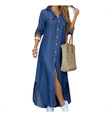 Vestido Longo Chemise Jeans Molinho Feminino Manga Longa