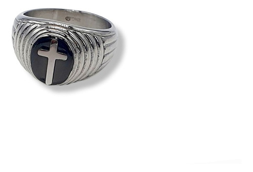 Anillo Hombre Acero Y Negro Marca Stone  Tipo Sello Cruz