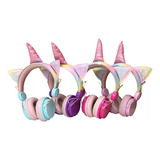 Headphone De Ouvido Sem Fio Infantil Unicórnio Bluetooth P2 Cor Azul Com Rosa Luz Colorido