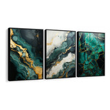 Kit 3 Quadros Decorativos Abstrato Dourado Verde Com Moldura