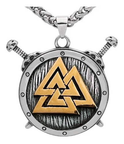 Collar Vikingo Escudo Valknut Acero Color Plata Para Hombre