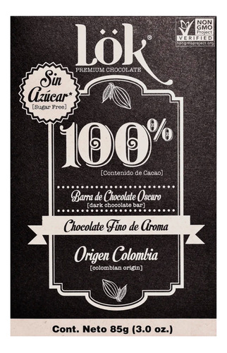 Barra Lok De Chocolate 100% Cacao Origen Colombiano X 85g