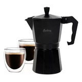 Set Hudson Cafetera Full Black Italiana + 2 Vasos Vidrio