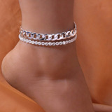 Pulsera Tobillera Doble Con Incrustaciones Piedras Plateada