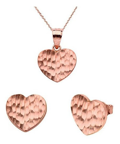 Fino 14k Oro Rosa Amor Martillado Corazón Encanto Colgante Y