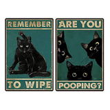 Set De 2 Carteles Retro De Gato Negro Para Baño - Divertidos