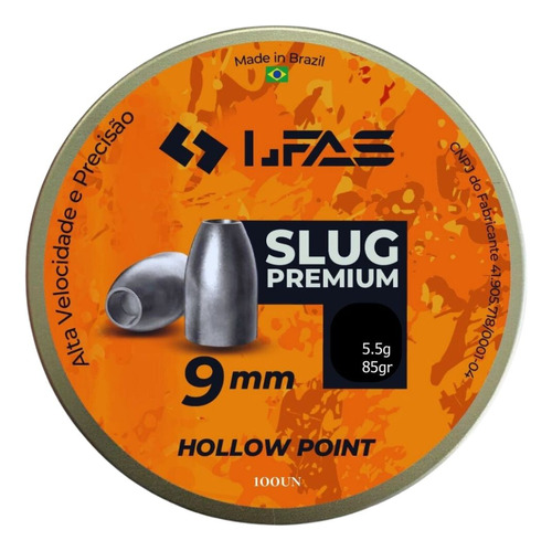 Slug 9mm Chumbo 85 Grains Premium 5,5g100un Pcp - Lfas