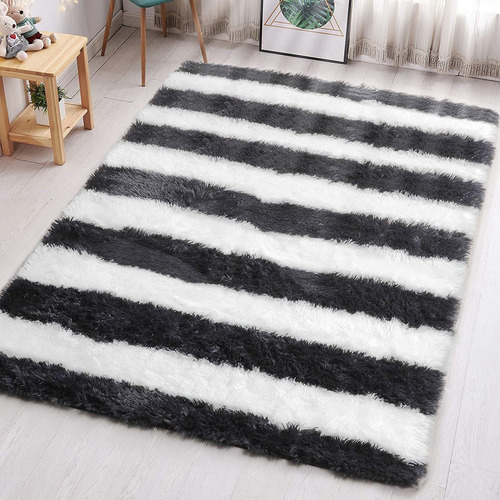 Alfombrillas De Rayas Peludas En Blanco Y Negro Para Sa...