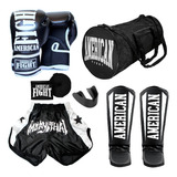 Kit  Muay Thai Luva Caneleira Bolsa Shorts Band Bucal Preto