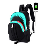 Mochila Luminosa Escolar Imperm. De Tiburón P/laptop 15,6 In