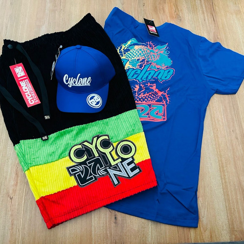 Bermuda Do Reggae Da Cyclone Veludo +camisa Azul Top E Boné