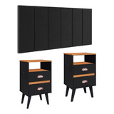 Cabeceira Estofada 1,4 Modular Kit Mesa Pequena Pés Retrô Cor Preto Suede | Preto/cinamomo