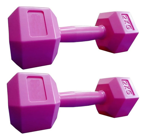 Par Mancuernas Pvc 2 Kg Hexagonal Pesa Plastica Rellena Gym Color Hexagonal Rosa