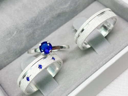 Alianças De Namoro Prata Compromisso Pedra E Solitario Azul