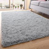 Alfombra Peluda Gris Suave Para Salón O Habitación, Lavable