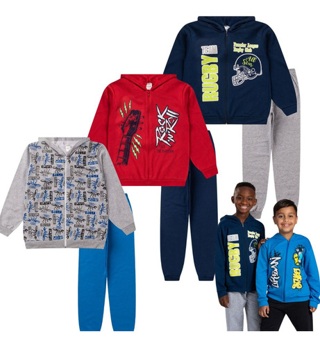 3 Conjunto Moletom Infantil Juvenil Menino Inverno 10 Ao 14