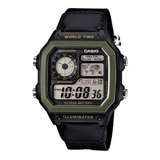 Reloj De Pulsera Casio Digital Ae-1200 De Cuerpo Color Negro, Digital, Fondo Negro, Con Correa De Tela Color Negro, Dial Negro, Subesferas Color Amarillo Y Negro, Minutero/segundero Negro, Bisel Color