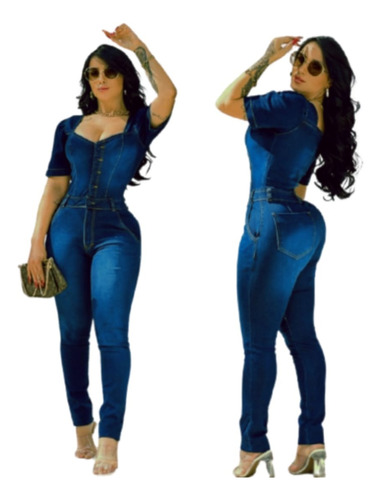 Macacão Jeans Feminino Plus Size Manga Bufante Explosão Luxe