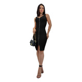 Vestido Midi Feminino Canelado Tubinho Ziper Fenda Social