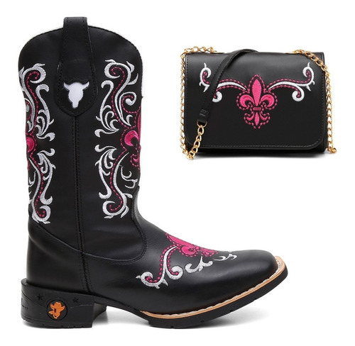 Bota Botina Texana Feminina Country Em Couro Flores Montaria