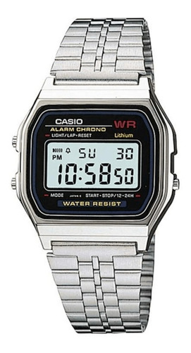 Reloj De Pulsera Casio Vintage A159 De Cuerpo Color Gris, Digital, Fondo Negro Y Gris, Con Correa De Acero Inoxidable Color Gris, Dial Negro, Minutero/segundero Negro, Bisel Color Gris Y Hebilla De Ga