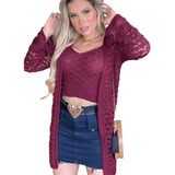 Tricô Meia Estação Kimono Top Conjunto Rendado Feminino