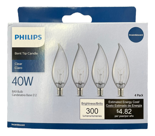 Pack 4x Foco Halógeno Philips Vela Candelabro Base E12 40w