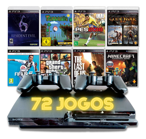 Playstation 3 Slim Ps3 Com 2 Controles + Grand Theft Auto V + God Of War + The Last Of Us + Fifa 19