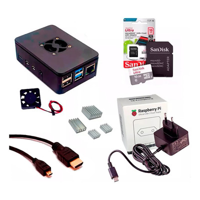 Case, Fonte Oficial, Cooler Fan + 16gb P/ Raspberry Pi4 Nfe