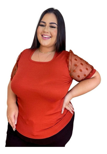 Blusa Feminina Plus Size Tule Blusinha Bolinha Manga Bufante