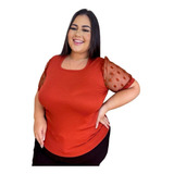 Blusa Feminina Plus Size Tule Blusinha Bolinha Manga Bufante