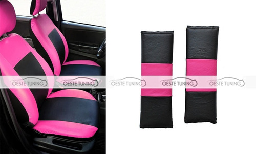 Fundas Cubre Asientos Auto Ecocuero + Cubre Cinturones Rosa