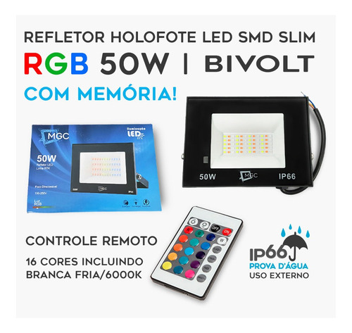 5 Refletor Holofote Led Rgbw 50w Slim Bivolt Ip66 C/ Memória