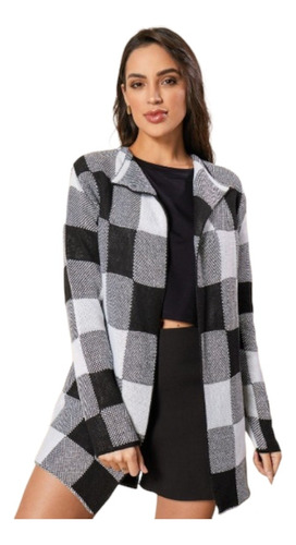 Cardigan Xadrez Sobretudo Lã Inverno Gola Chic Feminino Top