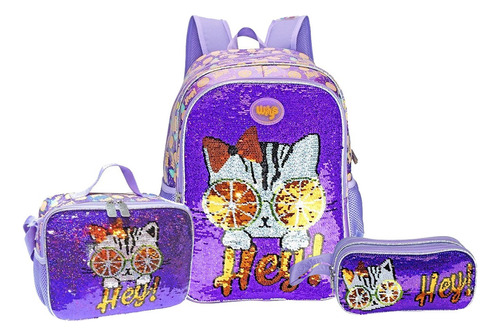 Mochila Lonchera Lapicera Gato Lentejuela Reversible Wilys 