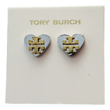 Aretes Tory Burch Corazón Plateado Con Logo Dorado 