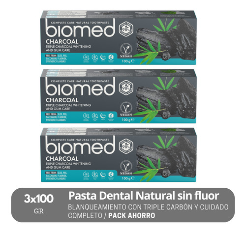 Pack 3 Pastas Dentales Naturales Biomed Charcoal Sin Fluor