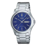 Reloj Casio Mtp-1239d-2a Correa Acero Fondo Azul Doble Fecha