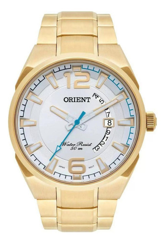 Relógio Masculino Orient Analógico Dourado Aço Fundo Branco