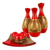 Conjunto Enfeite Sala Ceramica Centro Mesa Decorativo Cores Cor Boliche Vermelho Dourado