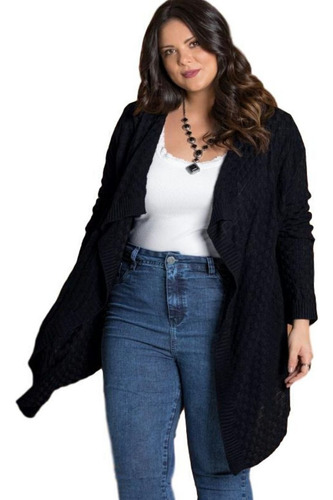 Cardigan Casaco Assimétrico Plus Size Tricot Preto Elegante