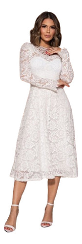 Vestido Midi Noiva Rodado Renda Branco Casamento Civil M145