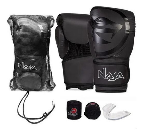 Kit Boxe Muay Thai Naja Black Line + Luva + Bandagem + Bucal