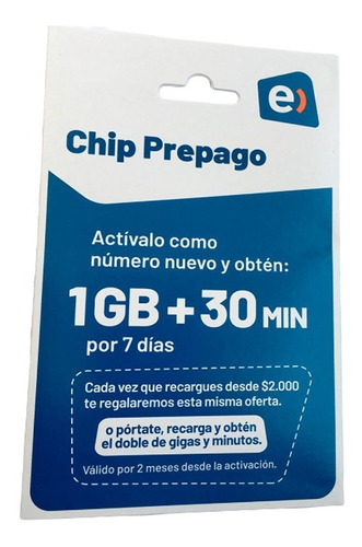 Chip Prepago Entel  1gb + 30 Minutos Por 2 Meses