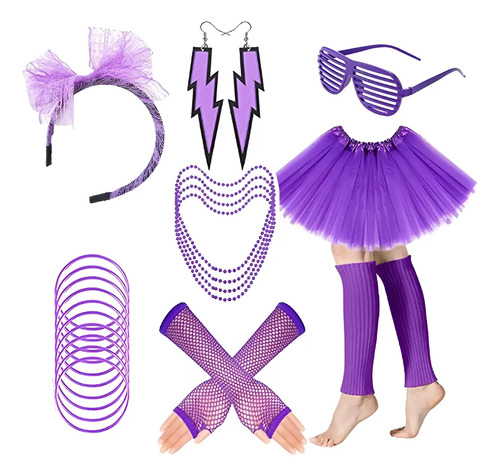 Kit Fiestas Neon Vestimenta 80s Outfit De Los 80 Mujeres Accesorios Para Mujer Dama Disfraz Niñas Tutus Pulseras Guantes Cotillón Disfraces Cosplay